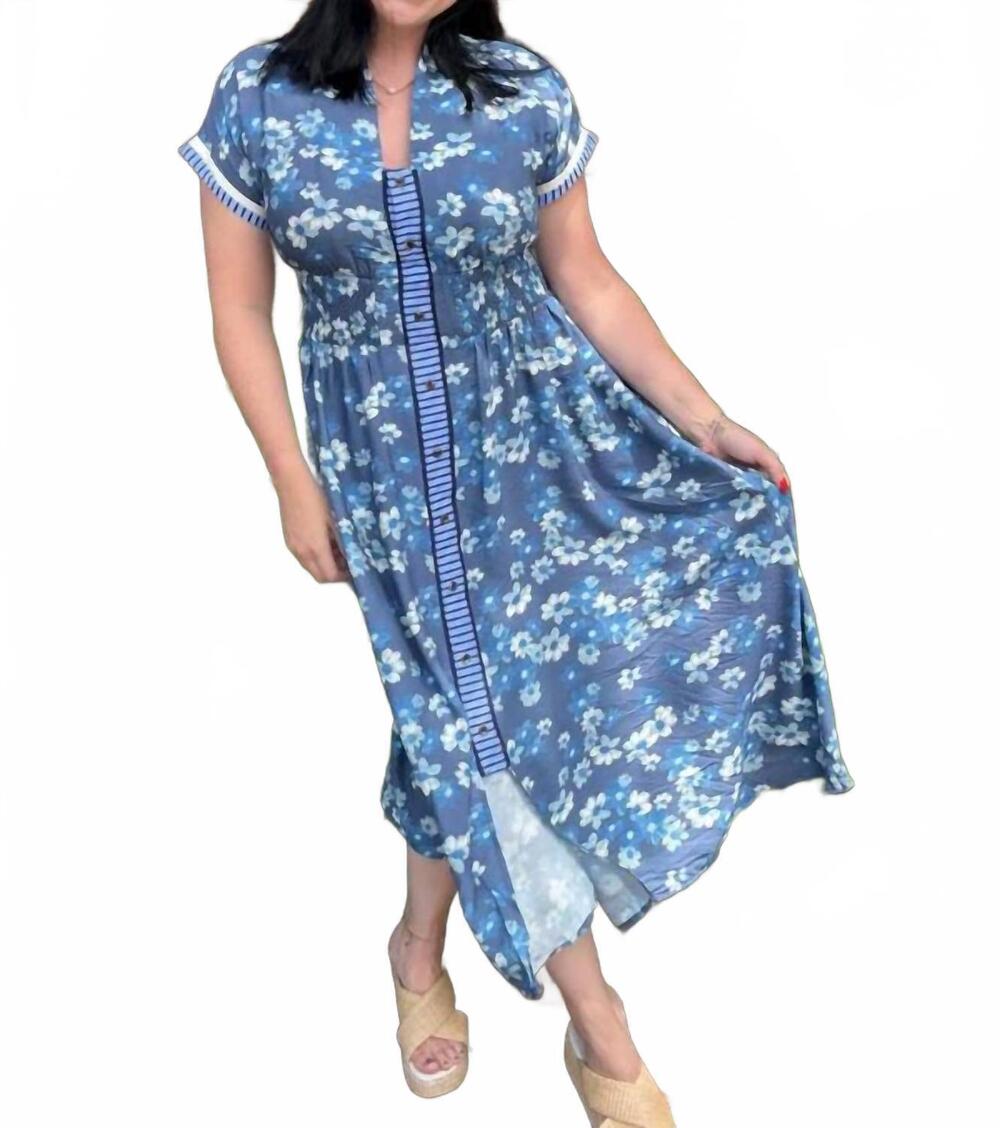 NEW UMGEE henley shift midi dress in blue multi